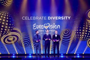 Photo: Andres Putting. The hosts of the 2017 Eurovision Song Contest; Timur Miroshnychenko, Oleksandr Skichko and Volodymyr Ostapchuk.